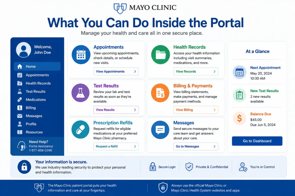 what can you do inside Mayo Clinic Portal
